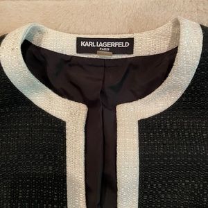 Karl Lagerfeld, Black tweed short sleeve dress, white edging and matching jacket